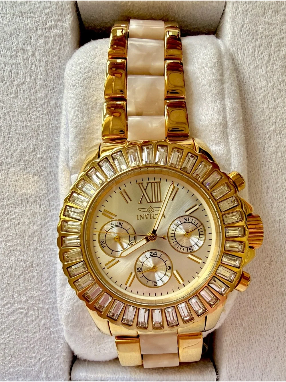 Invicta Gold and Cream Crystal-Trim Women's Bracelet Watch in pristine condition